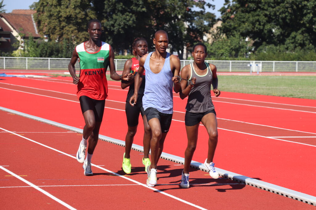 Nancy Chelangat (right) with her guide Geoffrey Rotich lead Priscah Jepkemoi with her guide Kenneth Lagat during their training at the Compiegne Community Stadium, France on August 12, 2024. Photo:KNPC