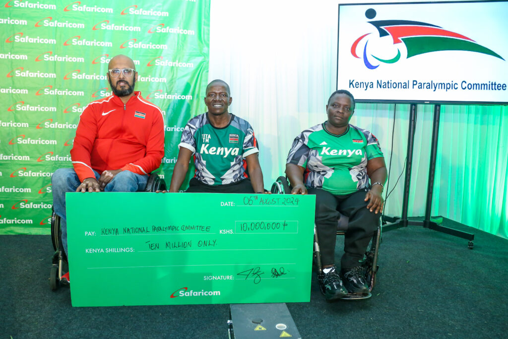 Kenya National Paralympics Committee (KNPC) Vice Chairman, Bhaveet Chudasama (L) with KNPC Treasurer, Lena Marita and KNPC Board Member, John Tita. This was during the Safaricom sponsored financial literacy and Media training for the National Paralympics team at Windsor hotel.